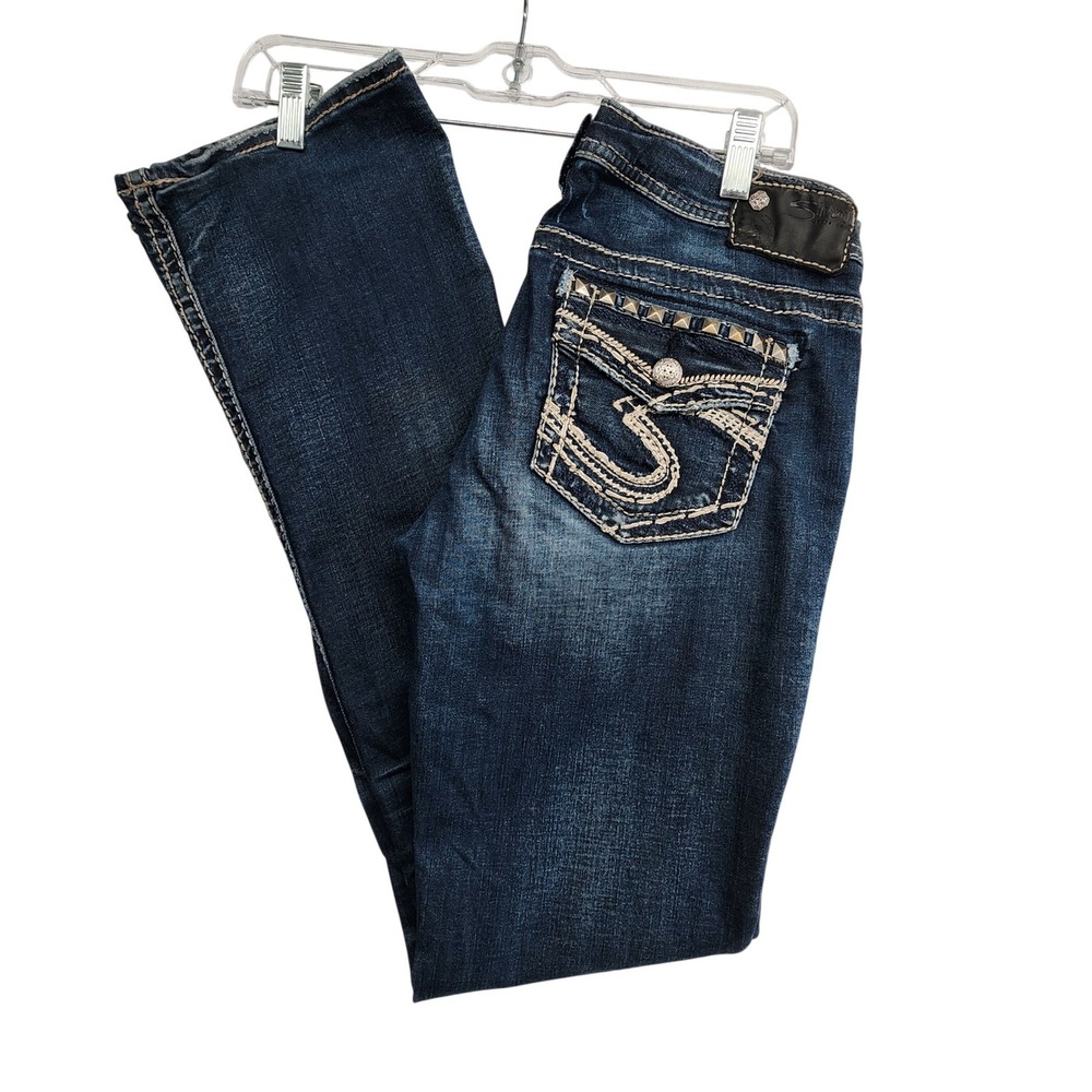 Silver Jeans 29x33 Blue Aiko Mid Slim Boot Studded Western Y2K Cowgirl BohoDenim